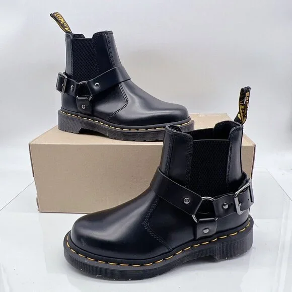 Martens Wincox Chelsea Ankle Buckle Boots Shiny Black Moto